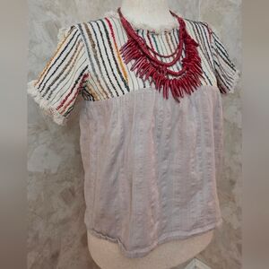 Altar’d State Boho Textured Top Fringe Trim Multicolor Stripe Size M